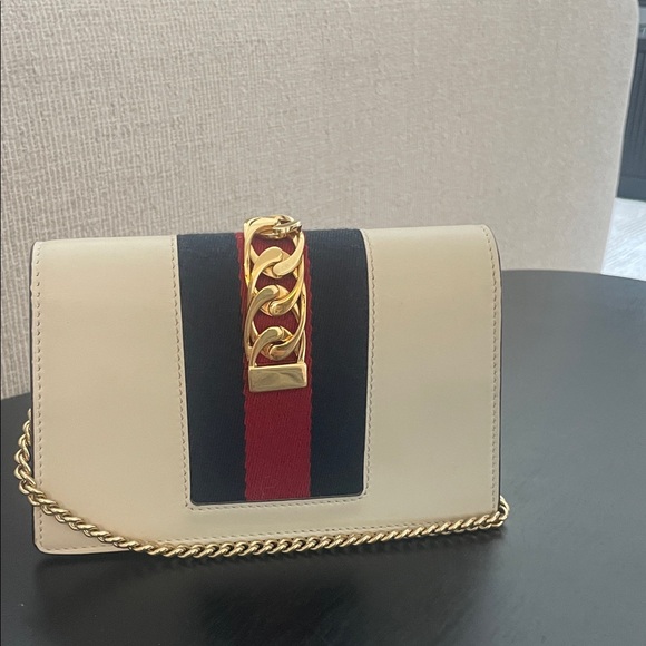 White Calfskin Leather Web Super Mini Sylvie Chain Shoulder Bag w/ Box - Picture 3 of 3